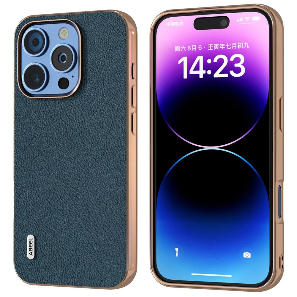 ABEEL For iPhone 16 Pro Max Case Electroplating Phone Cover Horizon Series Genuine Cow Leather+TPU Protective Case - Green - 1
