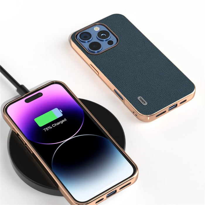 ABEEL For iPhone 16 Pro Max Case Electroplating Phone Cover Horizon Series Genuine Cow Leather+TPU Protective Case - Green - 4