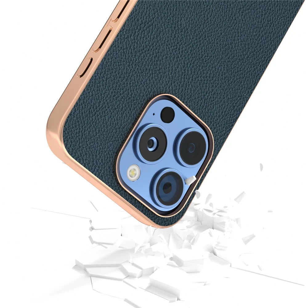 ABEEL For iPhone 16 Pro Case Electroplating Phone Cover Horizon Series Genuine Cow Leather+TPU Protective Case - Green - 3