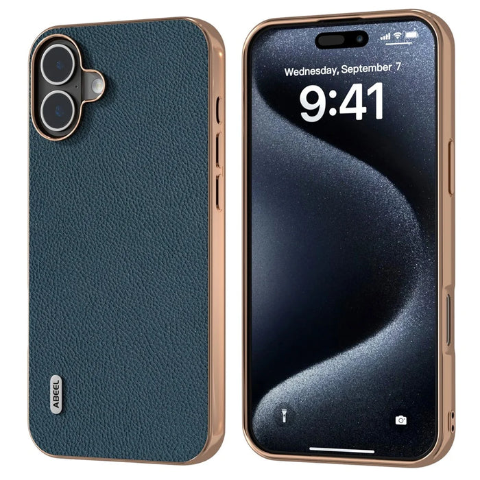 ABEEL For iPhone 16 Plus Case Electroplating Phone Cover Horizon Series Genuine Cow Leather+TPU Protective Case - Green - 1