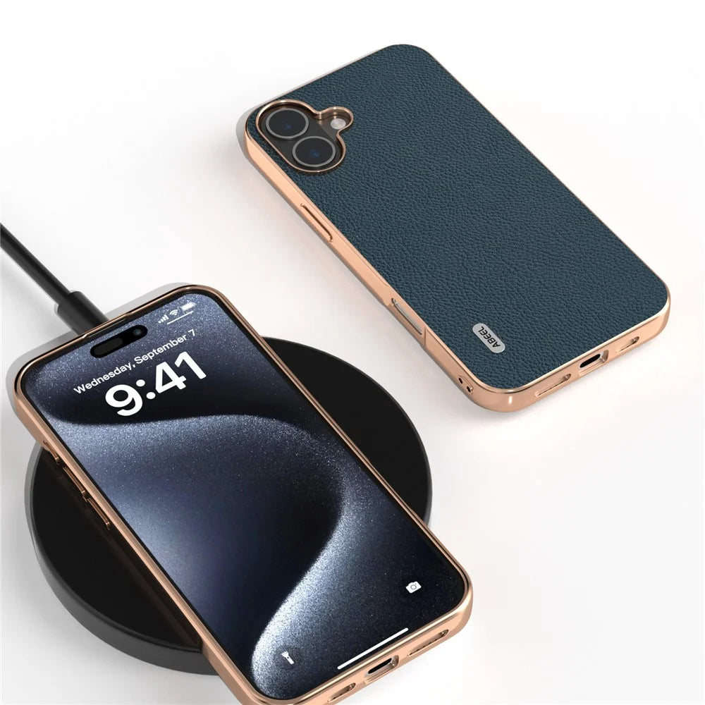 ABEEL For iPhone 16 Plus Case Electroplating Phone Cover Horizon Series Genuine Cow Leather+TPU Protective Case - Green - 4