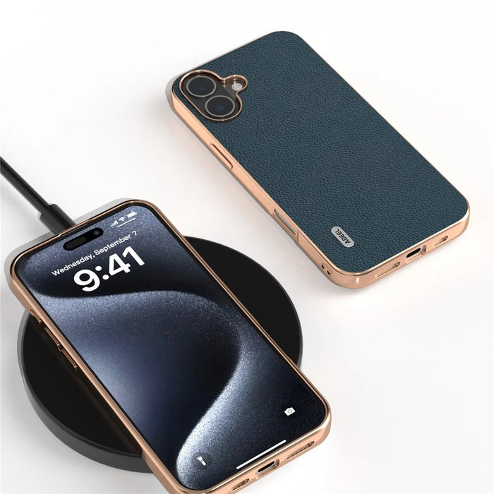 ABEEL For iPhone 16 Plus Case Electroplating Phone Cover Horizon Series Genuine Cow Leather+TPU Protective Case - Green - 4