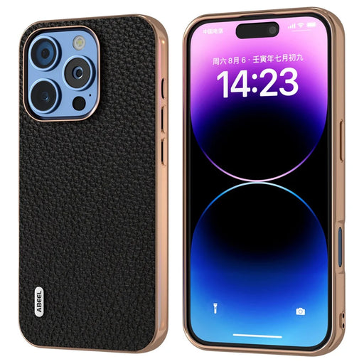 ABEEL For iPhone 16 Pro Case Electroplating Phone Cover Star Series Genuine Cow Leather+TPU Protective Case - Black - 1