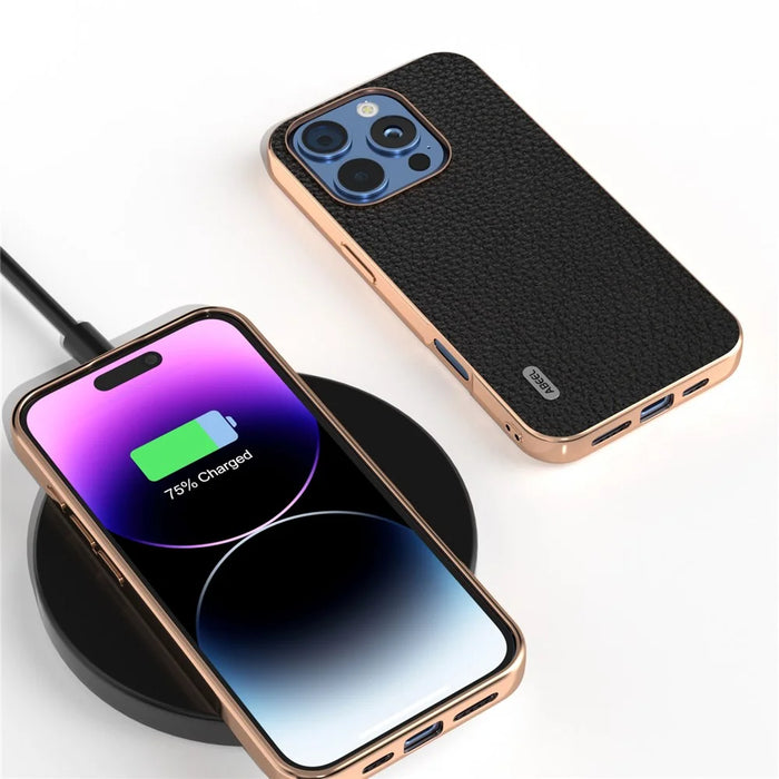 ABEEL For iPhone 16 Pro Case Electroplating Phone Cover Star Series Genuine Cow Leather+TPU Protective Case - Black - 4