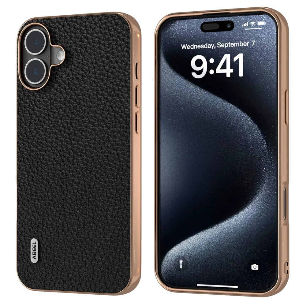 ABEEL For iPhone 16 Plus Case Electroplating Phone Cover Star Series Genuine Cow Leather+TPU Protective Case - Black - 1