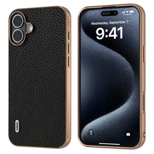 ABEEL For iPhone 16 Plus Case Electroplating Phone Cover Star Series Genuine Cow Leather+TPU Protective Case - Black - 1