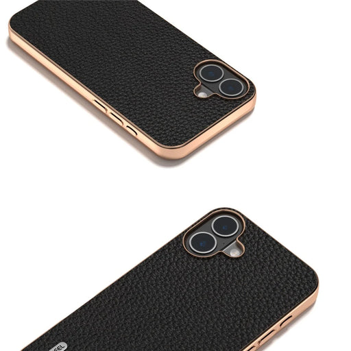 ABEEL For iPhone 16 Plus Case Electroplating Phone Cover Star Series Genuine Cow Leather+TPU Protective Case - Black - 2
