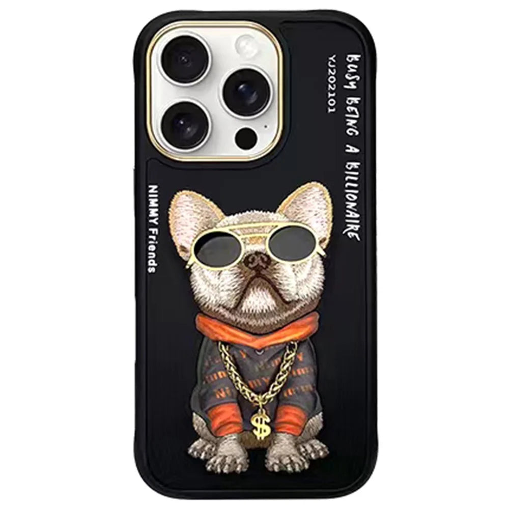 NIMMY for iPhone 16 Pro Case Embroidery PU Leather+PC+TPU Phone Cover - Black Pug Dog - 1