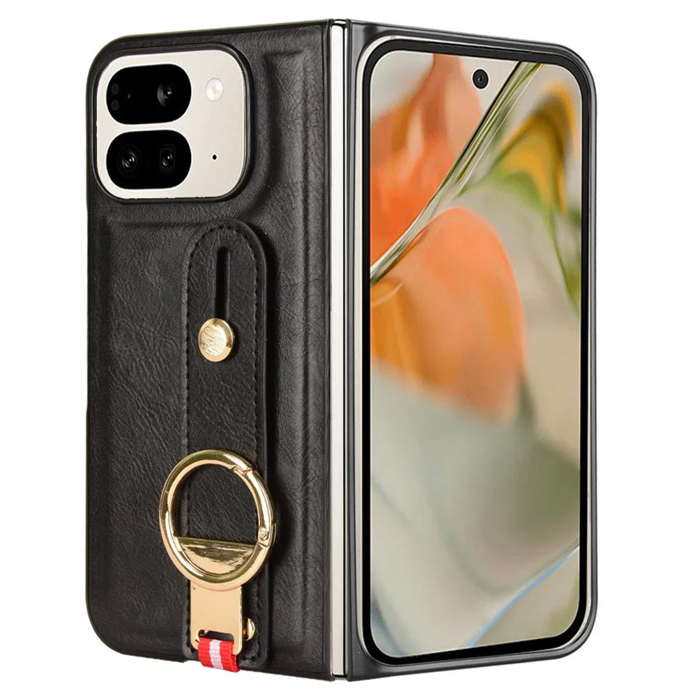 For Google Pixel 9 Pro Fold 5G Case Leather+PC+TPU Wristband Cover with Bottle Opener Ring - Black - 1
