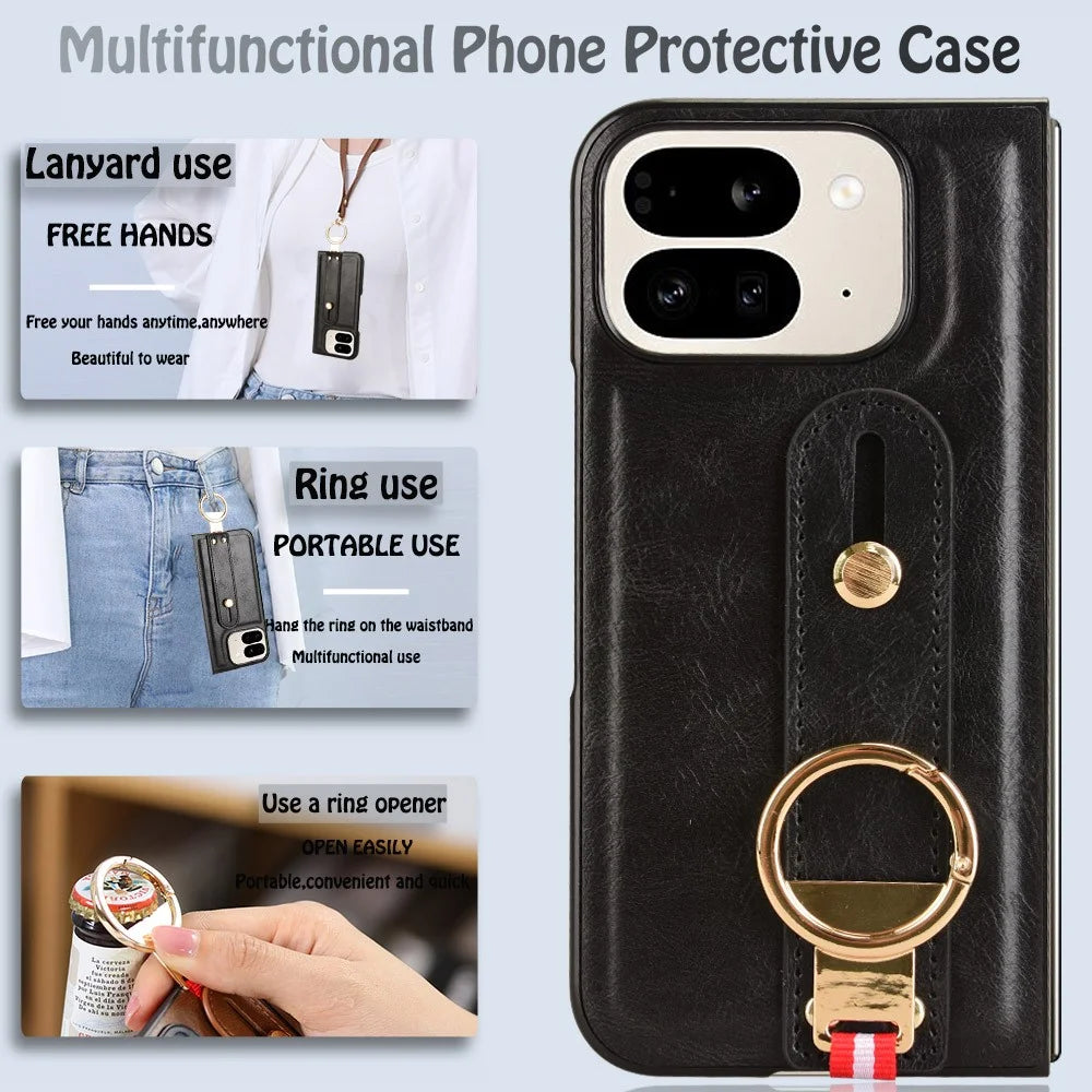 For Google Pixel 9 Pro Fold 5G Case Leather+PC+TPU Wristband Cover with Bottle Opener Ring - Black - 2