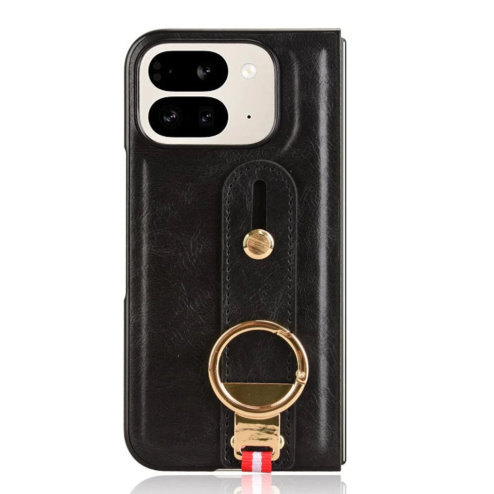 For Google Pixel 9 Pro Fold 5G Case Leather+PC+TPU Wristband Cover with Bottle Opener Ring - Black - 3
