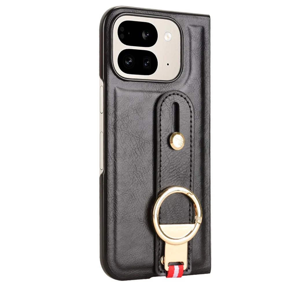 For Google Pixel 9 Pro Fold 5G Case Leather+PC+TPU Wristband Cover with Bottle Opener Ring - Black - 4