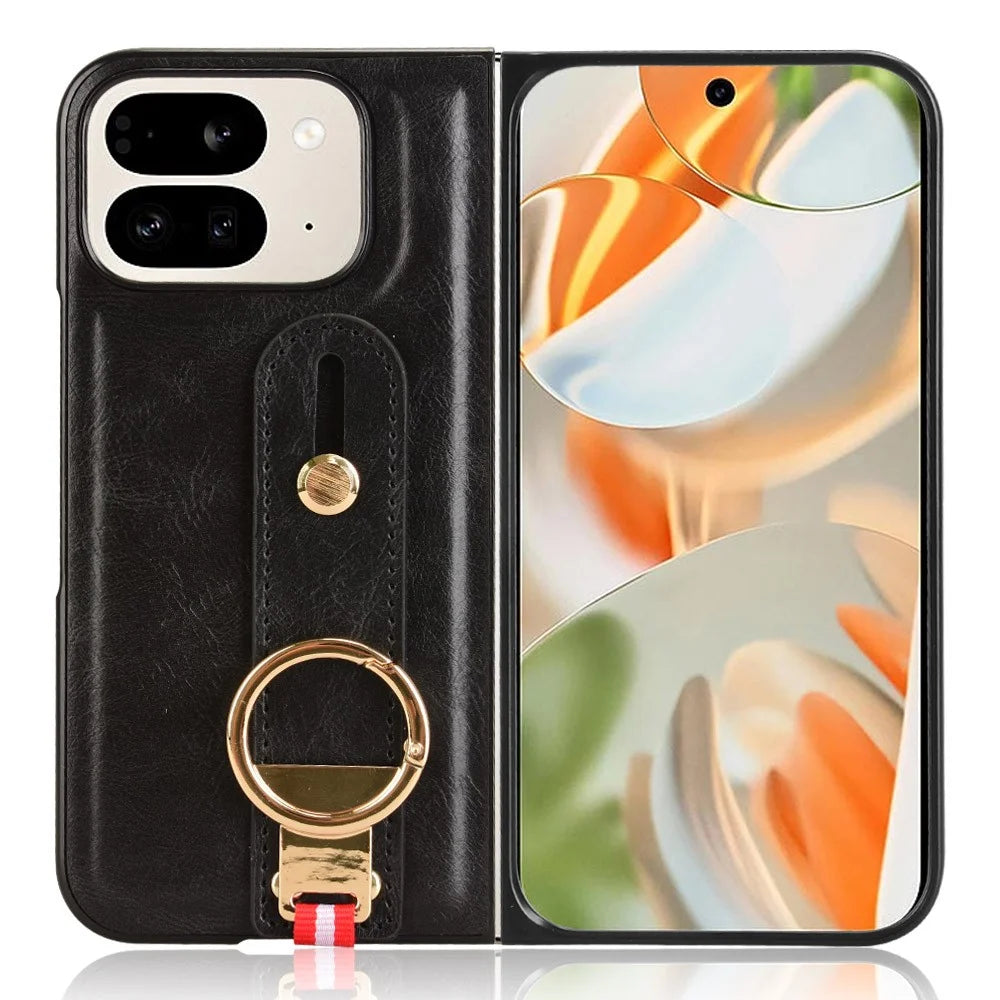 For Google Pixel 9 Pro Fold 5G Case Leather+PC+TPU Wristband Cover with Bottle Opener Ring - Black - 5