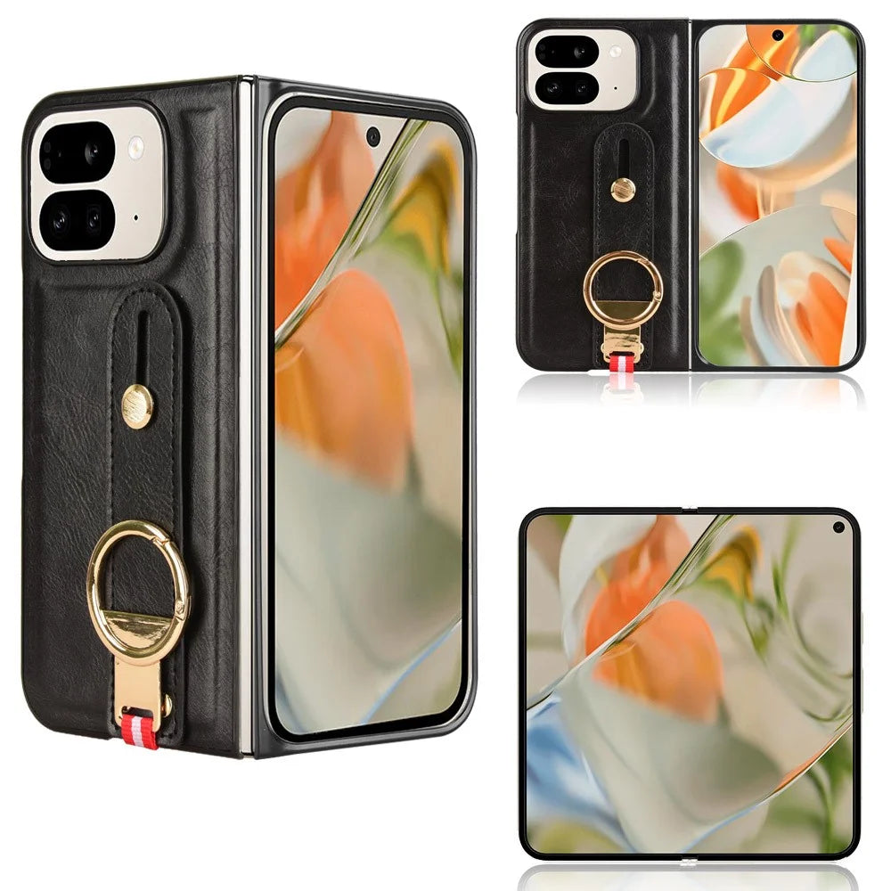 For Google Pixel 9 Pro Fold 5G Case Leather+PC+TPU Wristband Cover with Bottle Opener Ring - Black - 7