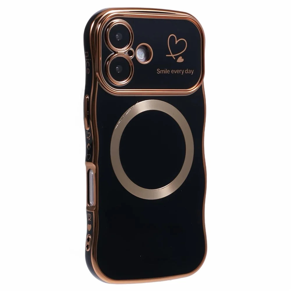 For iPhone 16 Magnetic Case Electroplating Curly Frame TPU Phone Cover Large Window - Black - 1
