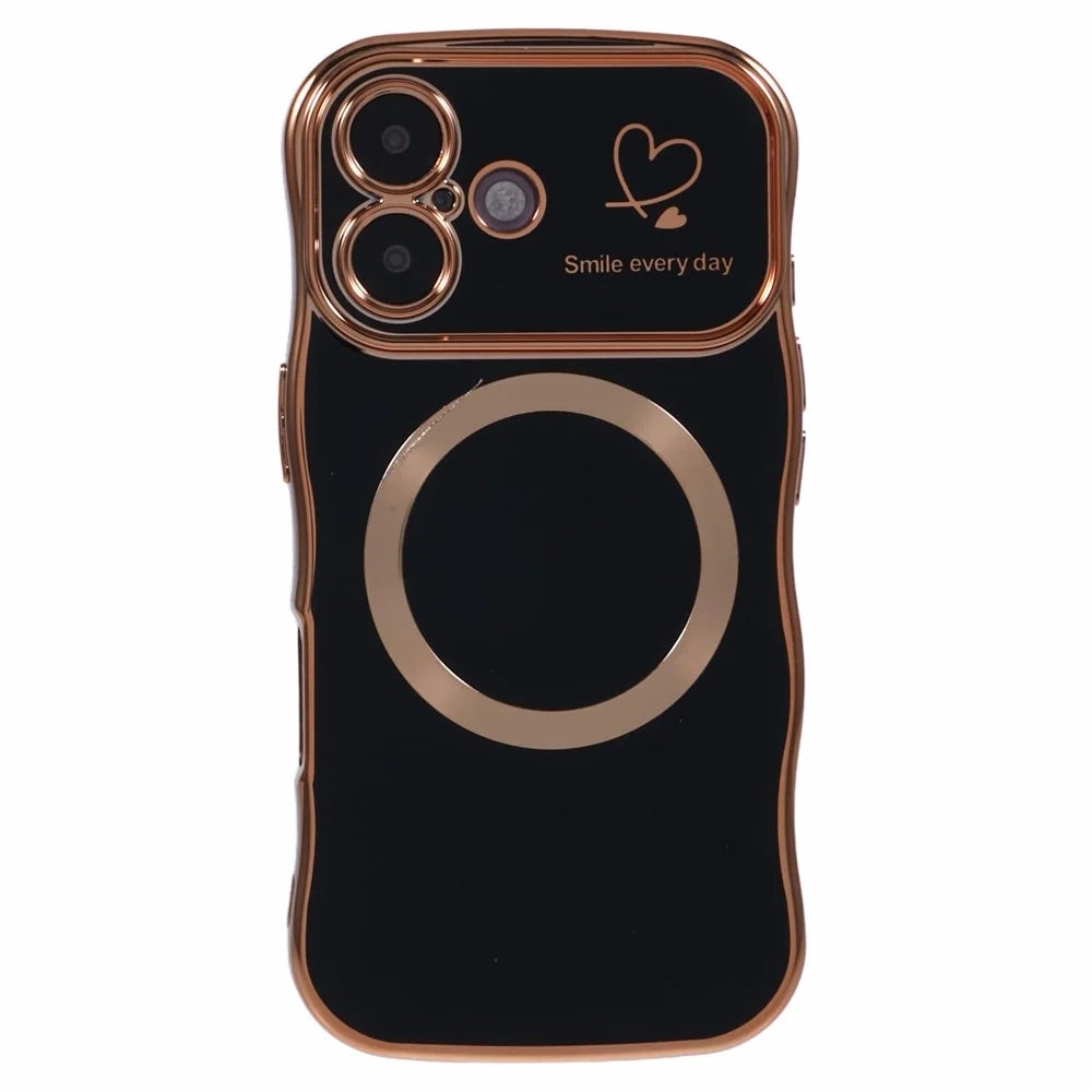 For iPhone 16 Magnetic Case Electroplating Curly Frame TPU Phone Cover Large Window - Black - 3