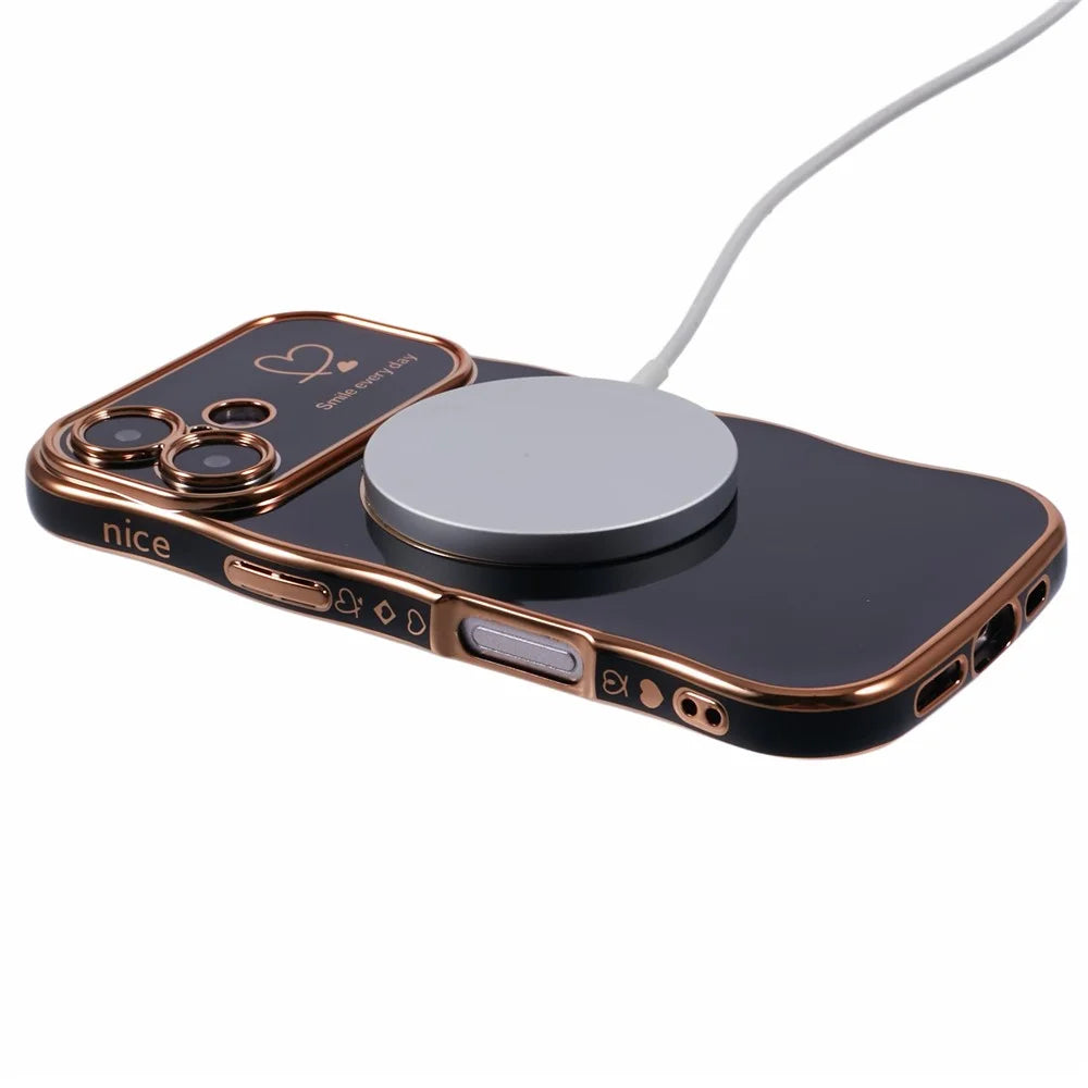 For iPhone 16 Magnetic Case Electroplating Curly Frame TPU Phone Cover Large Window - Black - 4