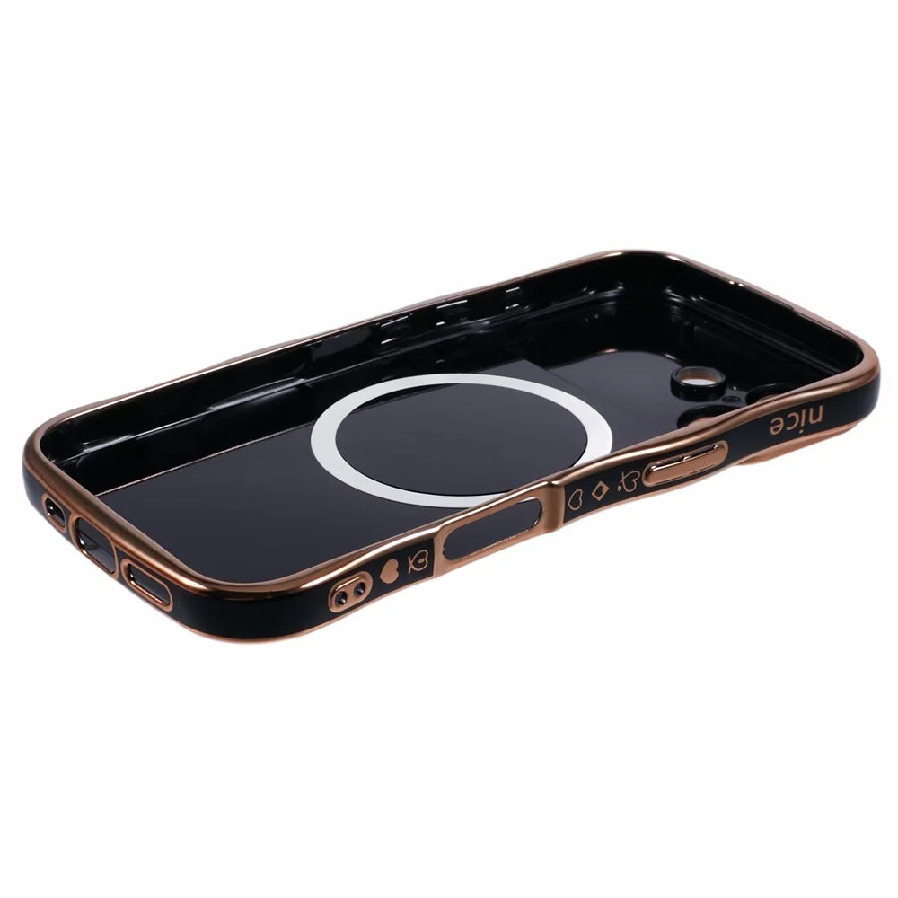 For iPhone 16 Magnetic Case Electroplating Curly Frame TPU Phone Cover Large Window - Black - 5