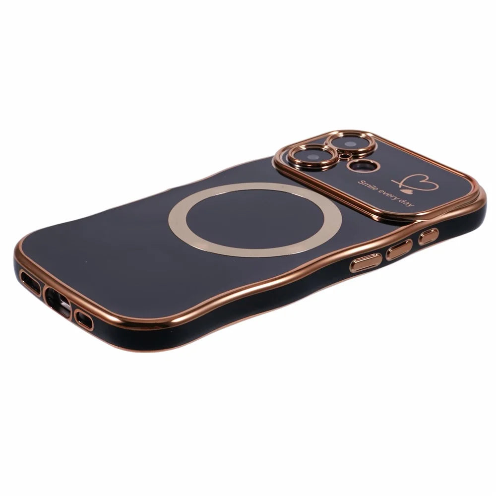 For iPhone 16 Magnetic Case Electroplating Curly Frame TPU Phone Cover Large Window - Black - 6