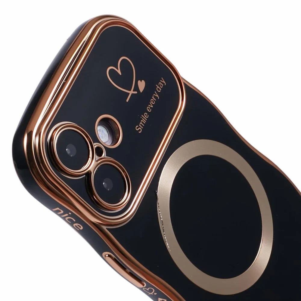 For iPhone 16 Magnetic Case Electroplating Curly Frame TPU Phone Cover Large Window - Black - 7
