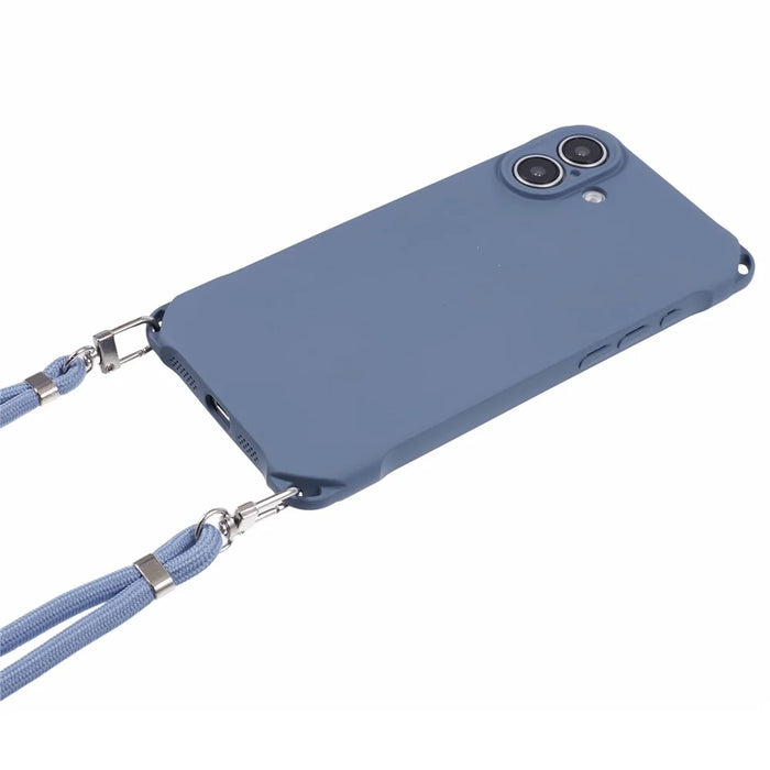 For iPhone 16 Case Four Corner Anti Drop TPU Phone Cover with 150cm Hanging Rope - Blue - 2