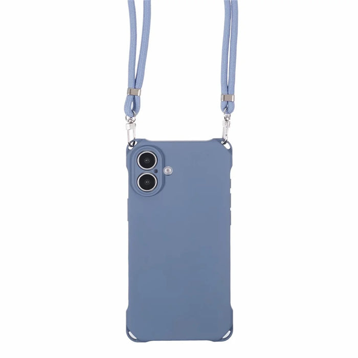 For iPhone 16 Case Four Corner Anti Drop TPU Phone Cover with 150cm Hanging Rope - Blue - 6
