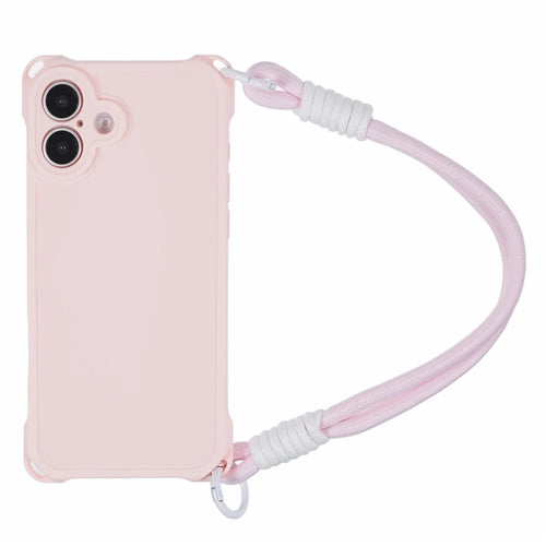 For iPhone 16 Plus Case Reinforced Corner Shockproof TPU Phone Cover with Wrist Strap - Pink - 1