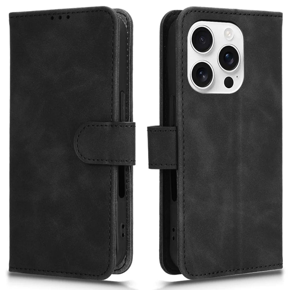 For iPhone 16 Pro Leather Case Skin-Feel Anti-Drop Wallet Flip Phone Cover - Black - 1