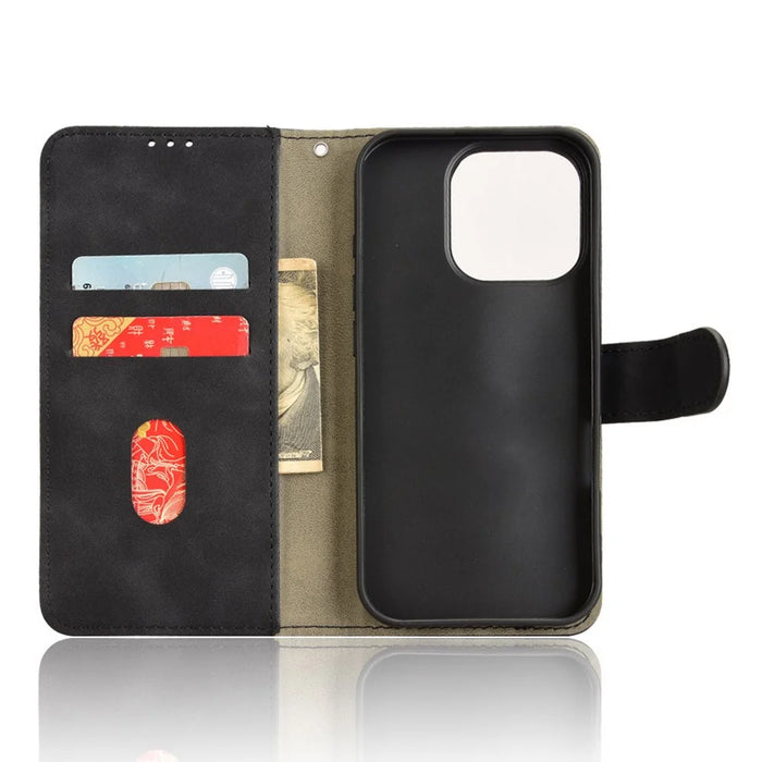 For iPhone 16 Pro Leather Case Skin-Feel Anti-Drop Wallet Flip Phone Cover - Black - 4
