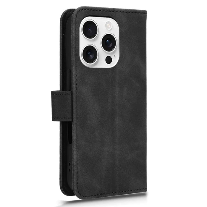 For iPhone 16 Pro Leather Case Skin-Feel Anti-Drop Wallet Flip Phone Cover - Black - 6