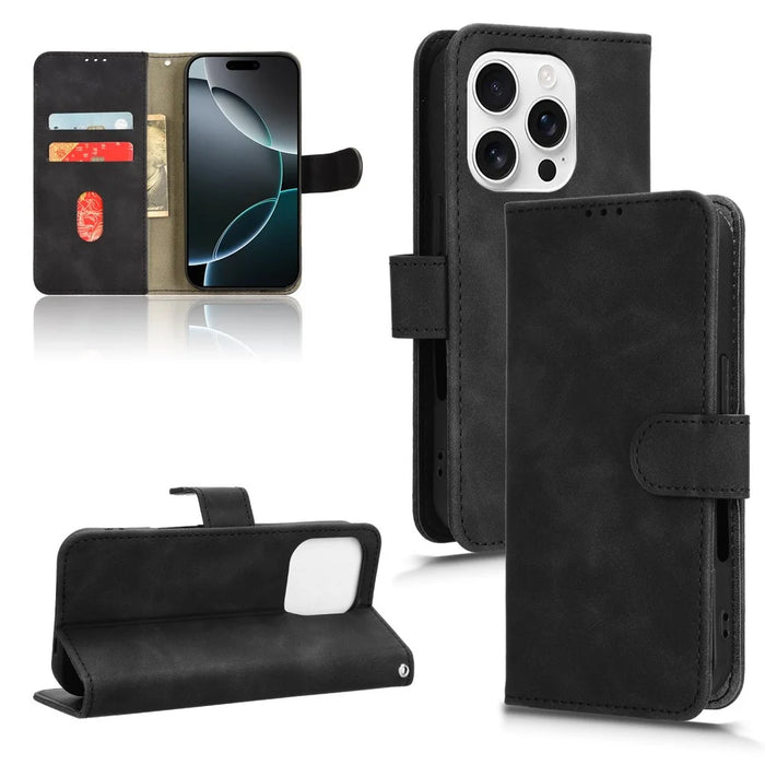 For iPhone 16 Pro Leather Case Skin-Feel Anti-Drop Wallet Flip Phone Cover - Black - 7