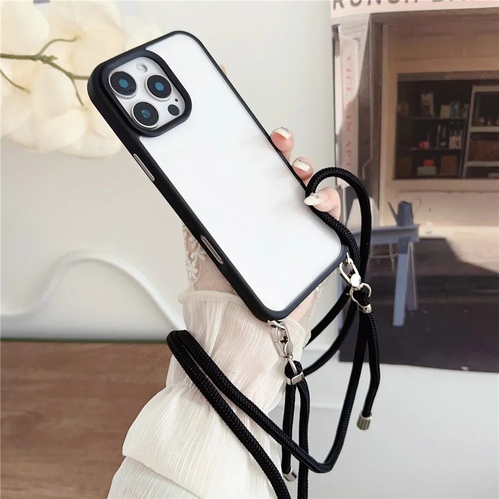 For iPhone 16 Pro Case TPU+PC Crystal Clear Back Cover with Lanyard - Black - 2
