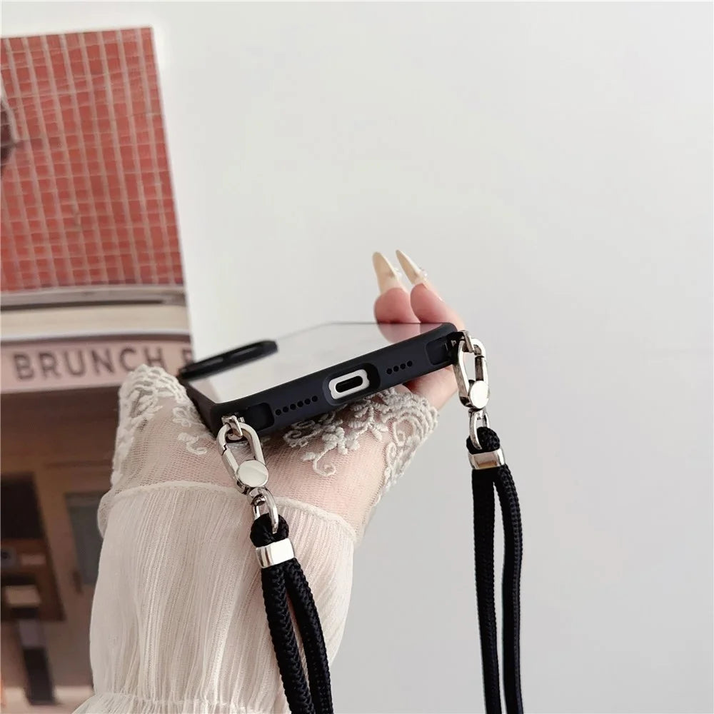For iPhone 16 Pro Case TPU+PC Crystal Clear Back Cover with Lanyard - Black - 6