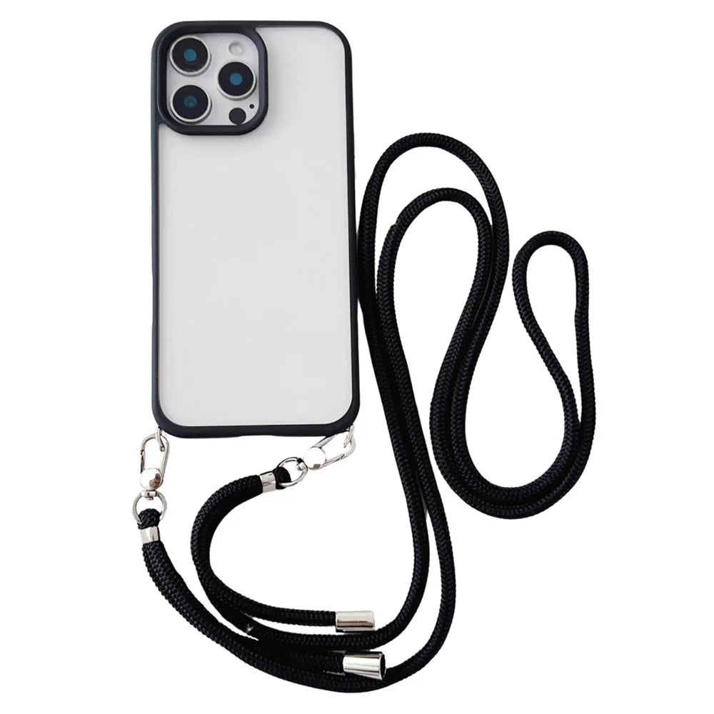 For iPhone 16 Pro Max Case TPU+PC Crystal Clear Back Cover with Lanyard - Black - 1