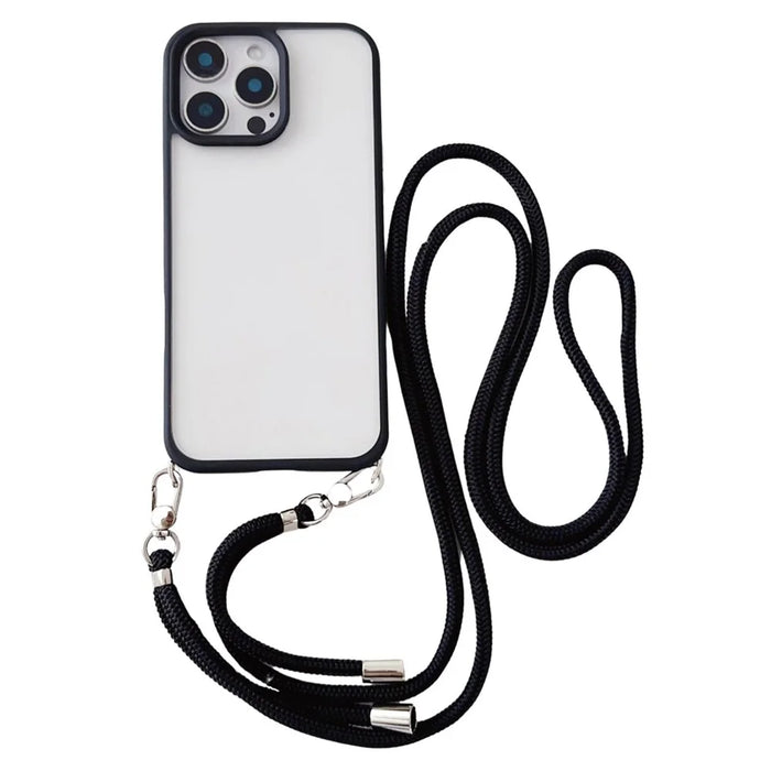 For iPhone 16 Pro Max Case TPU+PC Crystal Clear Back Cover with Lanyard - Black - 1