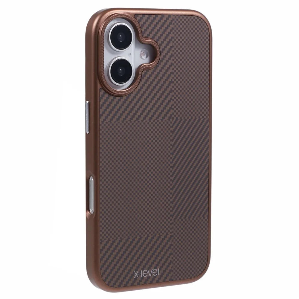 X-LEVEL For iPhone 16 Magnetic Case Hard PC Phone Cover Carbon Nano-Fiber Texture - Titanium Gold - 1