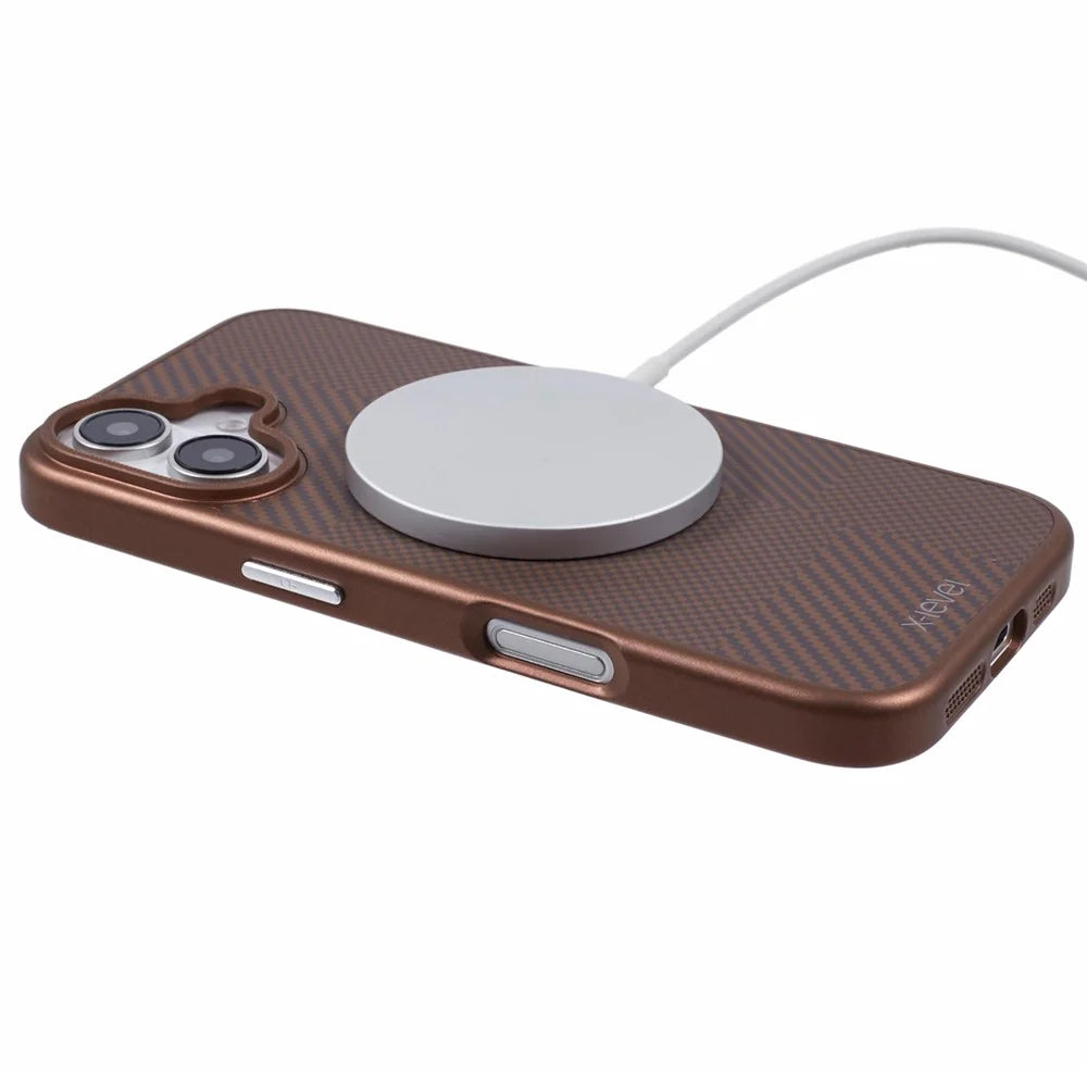 X-LEVEL For iPhone 16 Magnetic Case Hard PC Phone Cover Carbon Nano-Fiber Texture - Titanium Gold - 4