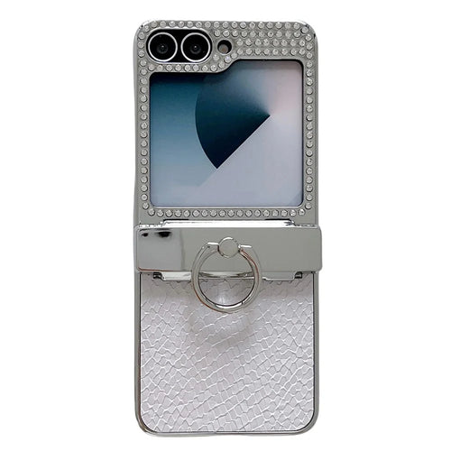 For Samsung Galaxy Z Flip7 FE 5G / Z Flip6 5G Case Fish Scale Texture Ring Holder PC Rhinestone Phone Cover - White - 1
