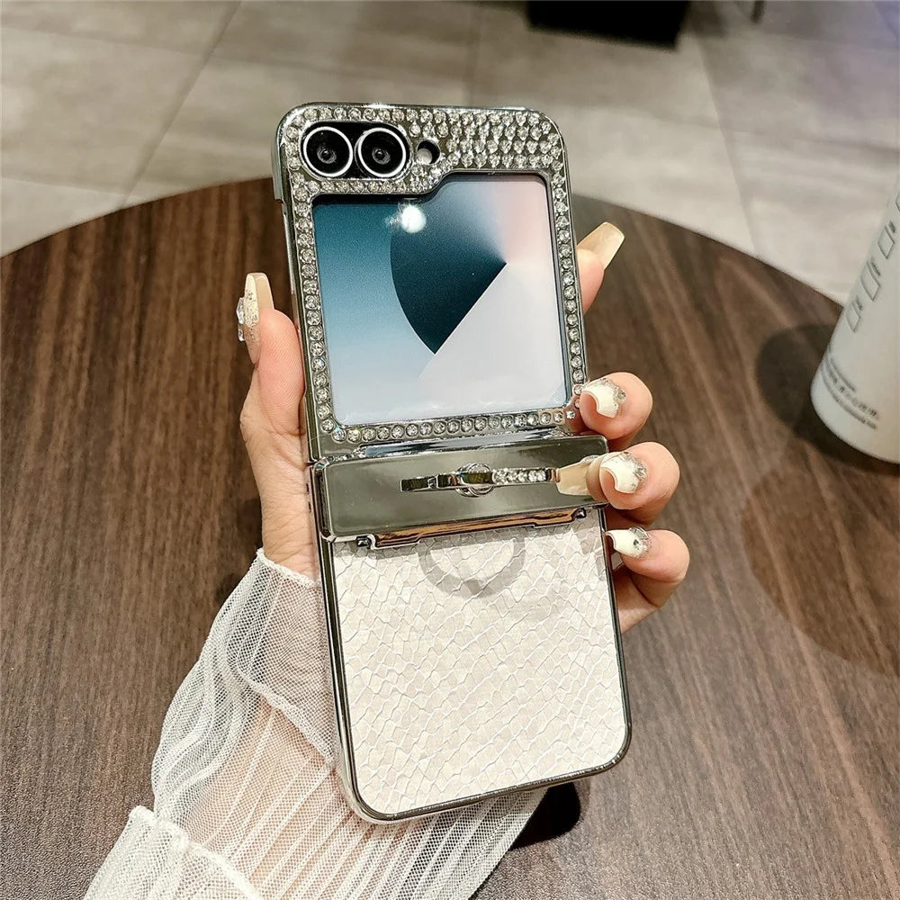 For Samsung Galaxy Z Flip7 FE 5G / Z Flip6 5G Case Fish Scale Texture Ring Holder PC Rhinestone Phone Cover - White - 2