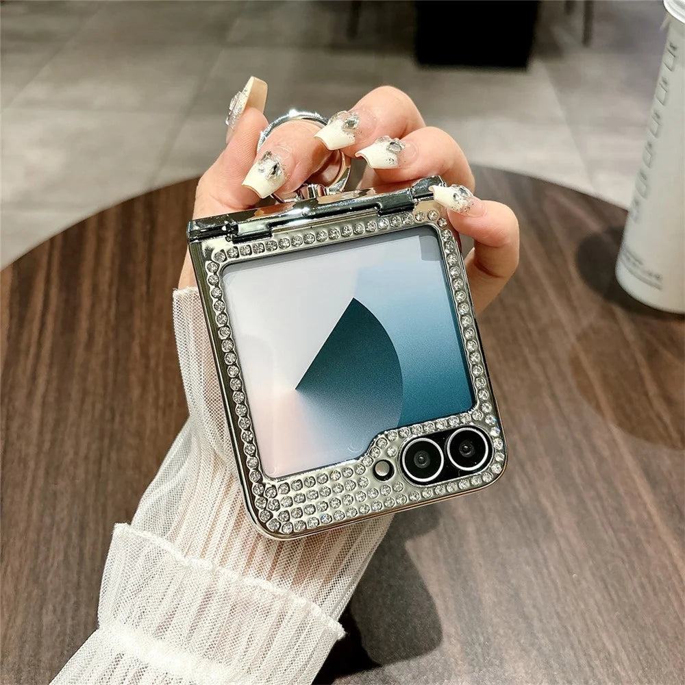 For Samsung Galaxy Z Flip7 FE 5G / Z Flip6 5G Case Fish Scale Texture Ring Holder PC Rhinestone Phone Cover - White - 3