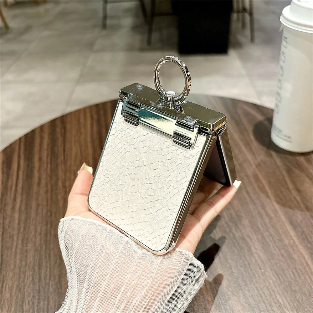 For Samsung Galaxy Z Flip7 FE 5G / Z Flip6 5G Case Fish Scale Texture Ring Holder PC Rhinestone Phone Cover - White - 5