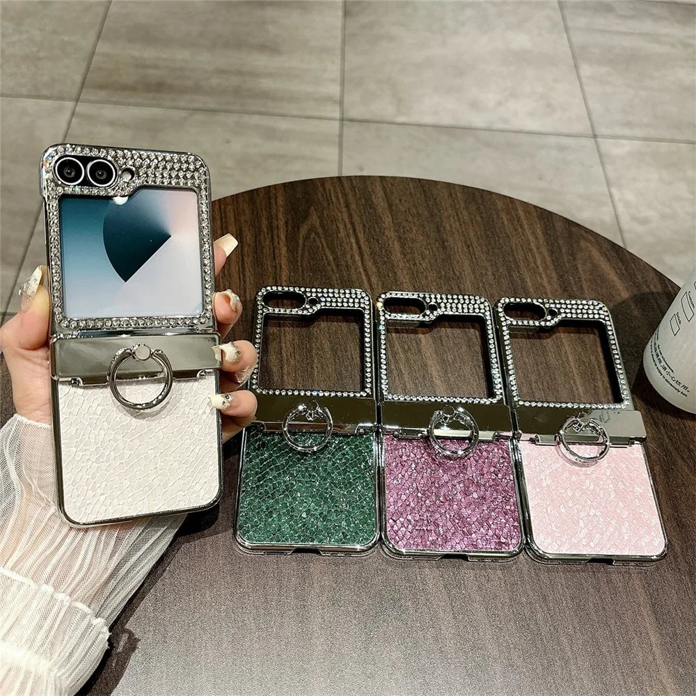 For Samsung Galaxy Z Flip7 FE 5G / Z Flip6 5G Case Fish Scale Texture Ring Holder PC Rhinestone Phone Cover - White - 6