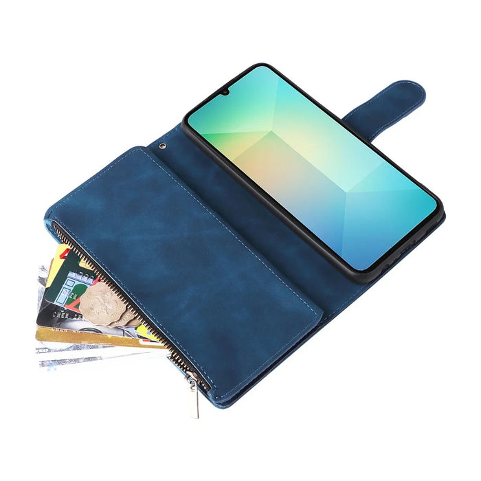 For Samsung Galaxy A06 4G Case Zipper Wallet Multiple Card Slots Leather Phone Cover - Blue - 6