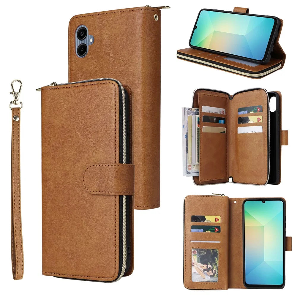 For Samsung Galaxy A06 4G Case Zipper Pocket PU Leather Phone Cover with Hand Strap - Brown - 1