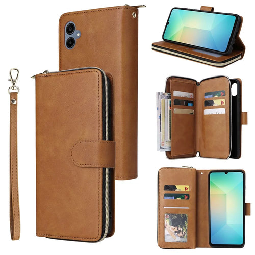 For Samsung Galaxy A06 4G Case Zipper Pocket PU Leather Phone Cover with Hand Strap - Brown - 1