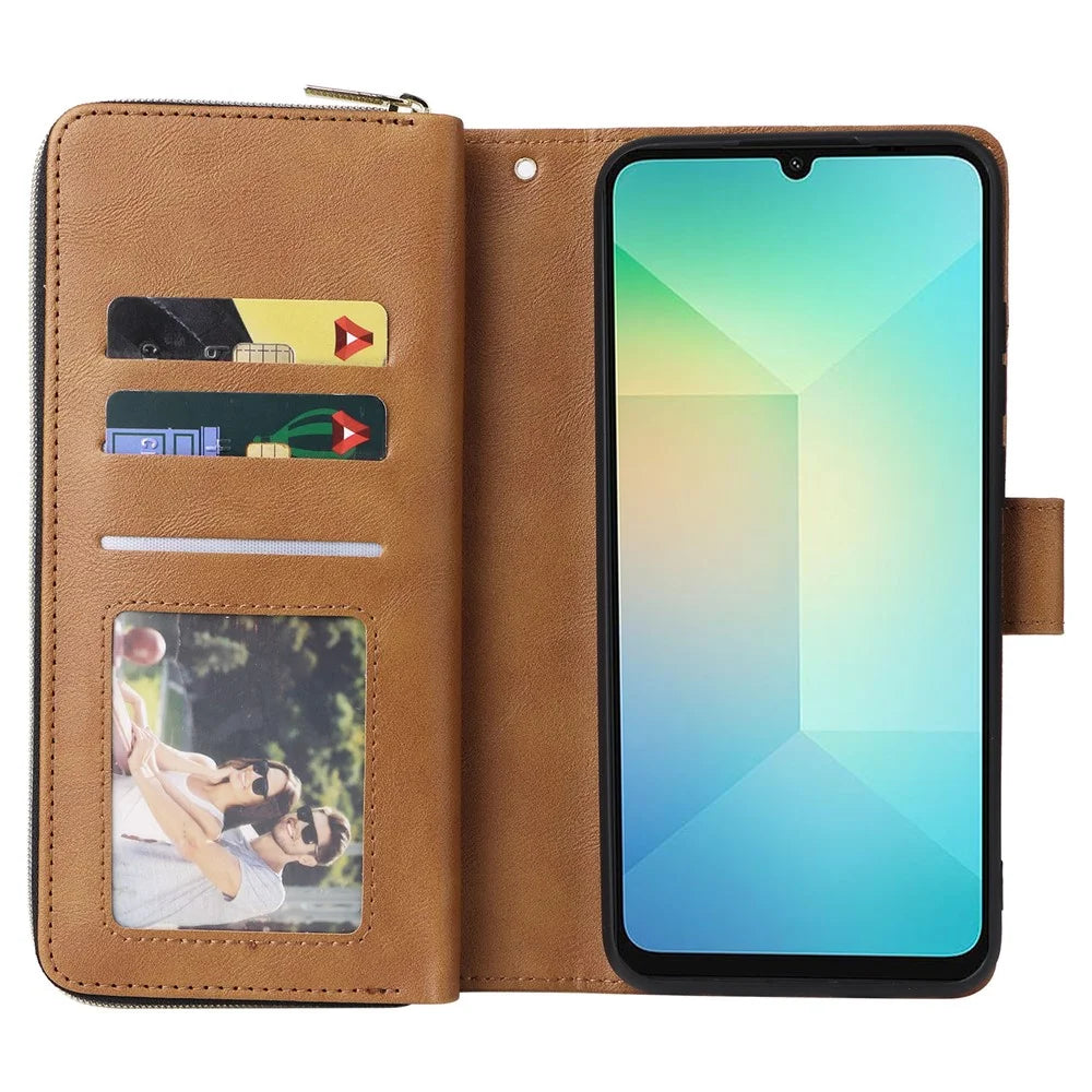 For Samsung Galaxy A06 4G Case Zipper Pocket PU Leather Phone Cover with Hand Strap - Brown - 3