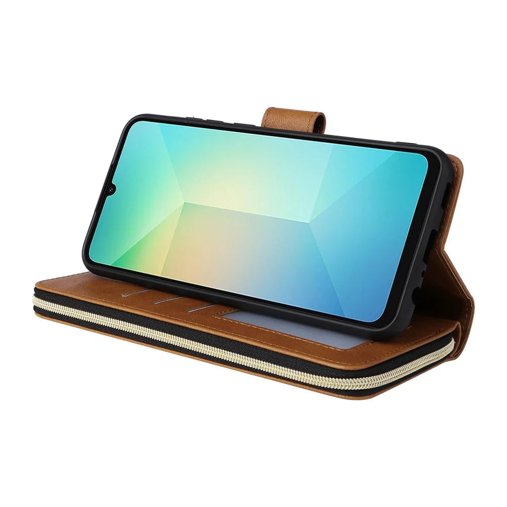 For Samsung Galaxy A06 4G Case Zipper Pocket PU Leather Phone Cover with Hand Strap - Brown - 4