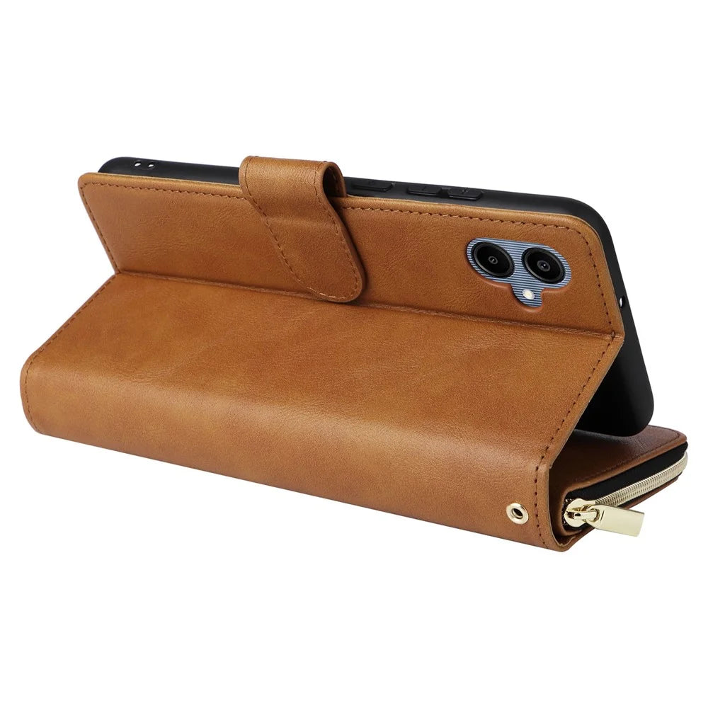 For Samsung Galaxy A06 4G Case Zipper Pocket PU Leather Phone Cover with Hand Strap - Brown - 5