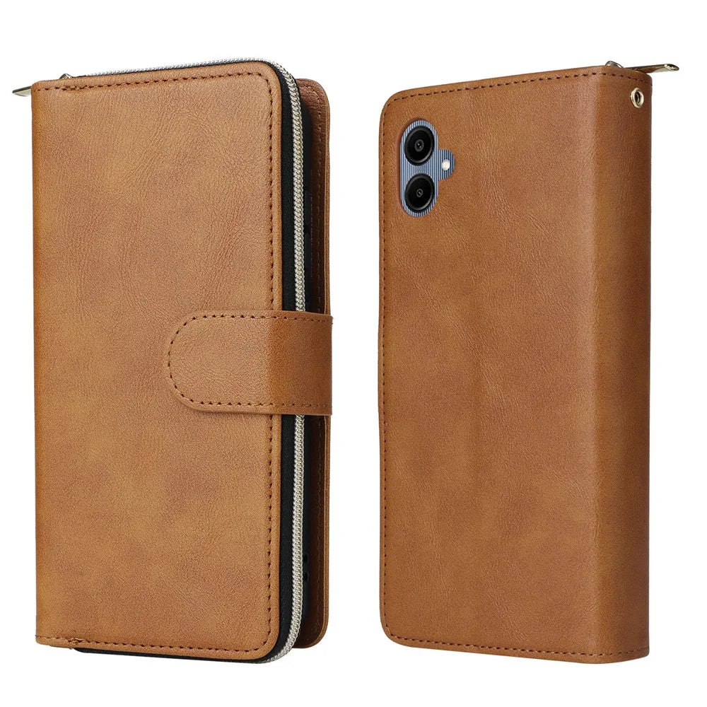 For Samsung Galaxy A06 4G Case Zipper Pocket PU Leather Phone Cover with Hand Strap - Brown - 6