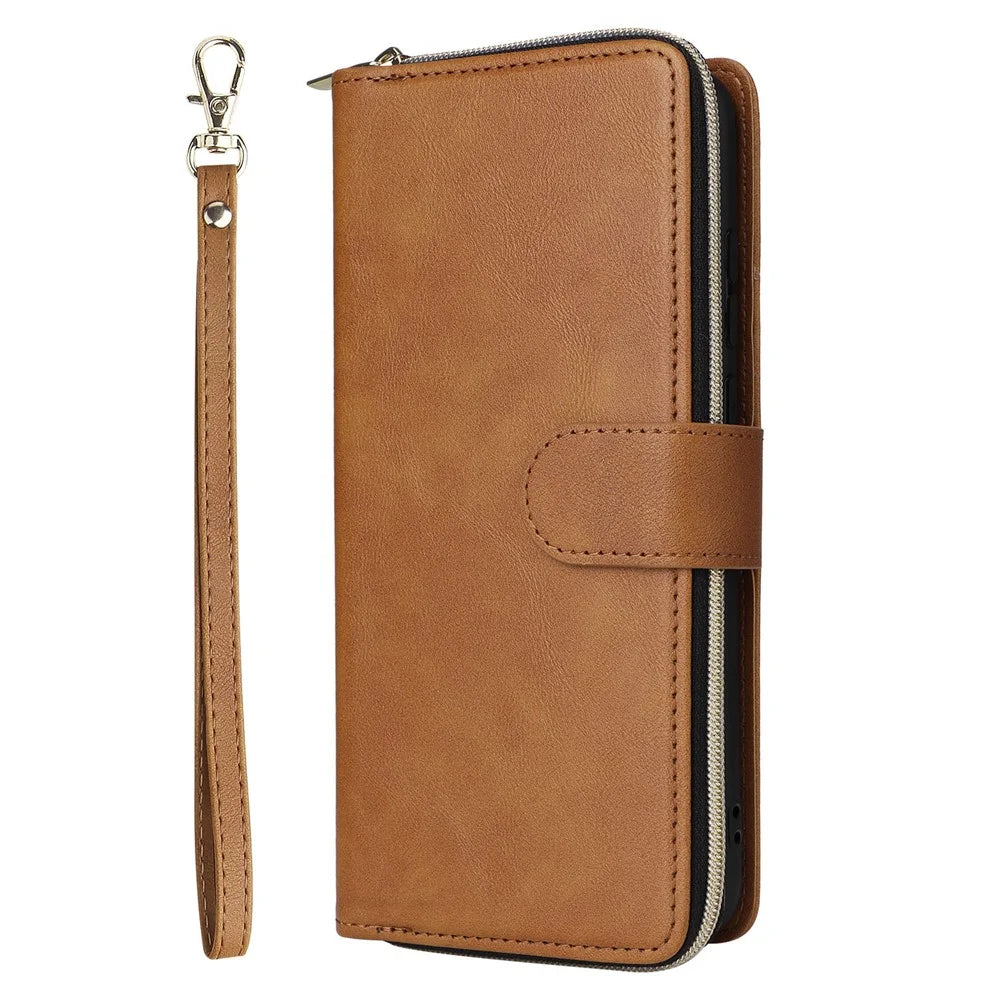 For Samsung Galaxy A06 4G Case Zipper Pocket PU Leather Phone Cover with Hand Strap - Brown - 7
